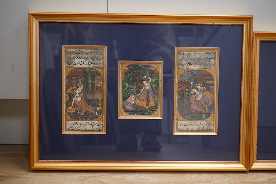 Jan Ray, set of six Indo-Persian gouaches, mounted and framed as two, Manuscripts with figures, each approximately 15 x 9cm. Condition - fair to good